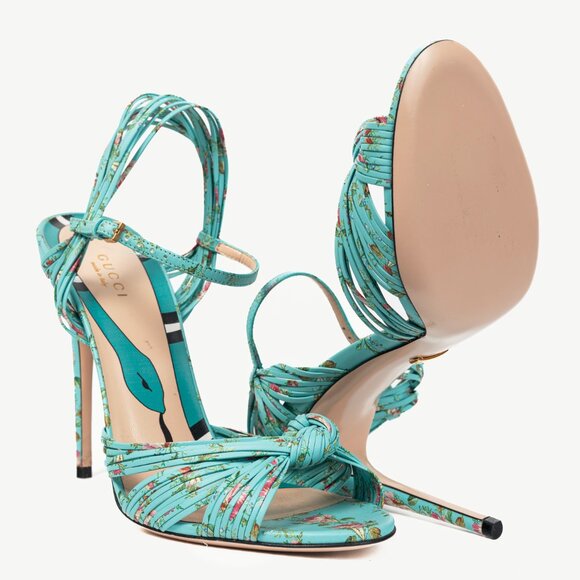 Gucci Allie Light-Blue Floral-Print Leather Knotted High-Heel Sandals - Picture 4 of 11